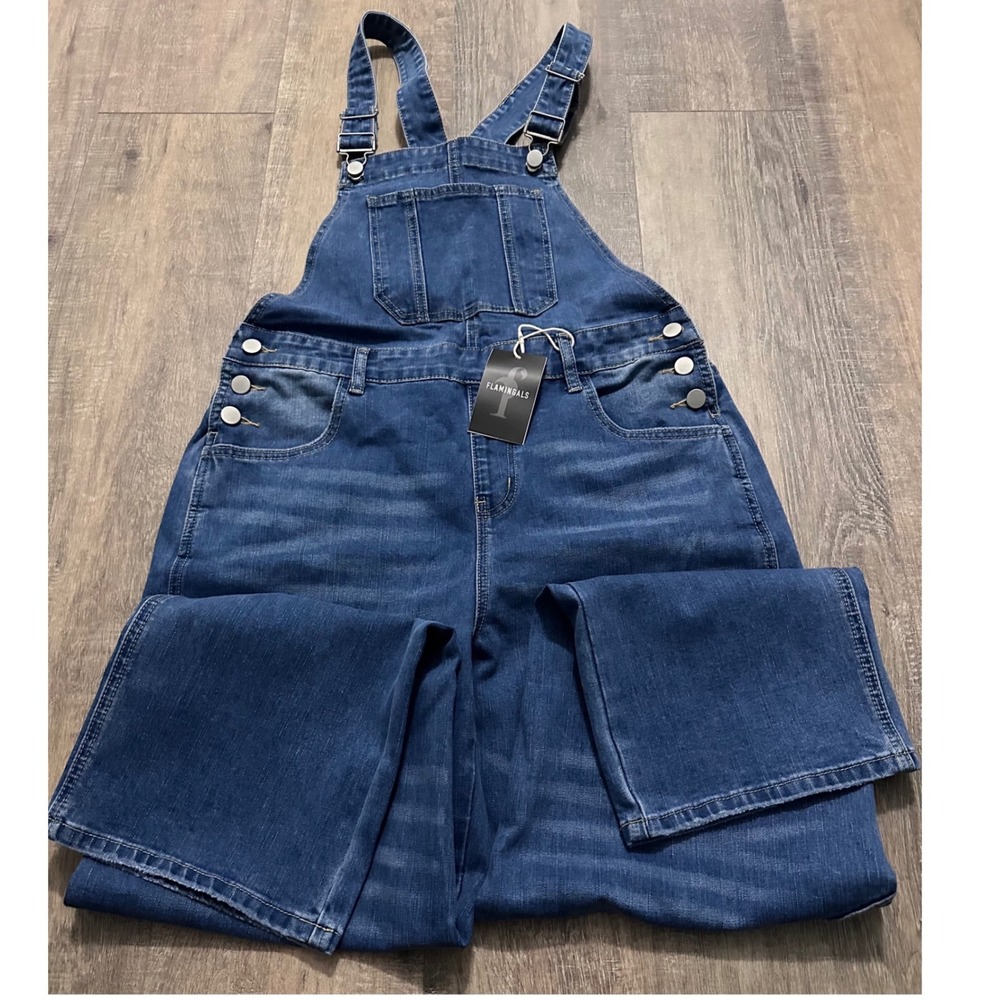 Flamingals Denim Straight Leg Overalls Womens Size Medium NWT
